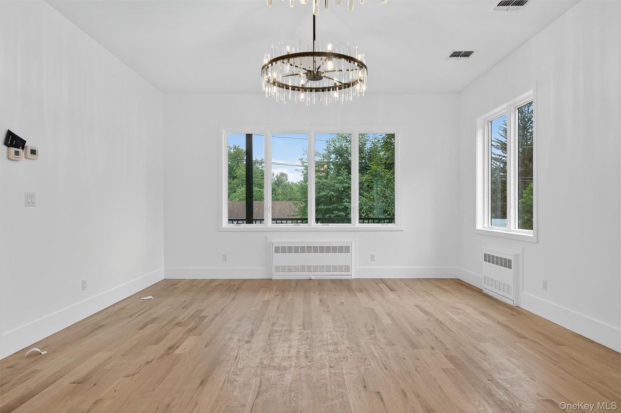 Chandelier, Empty room, Interior, Pendant Lights, Wood Texture Flooring