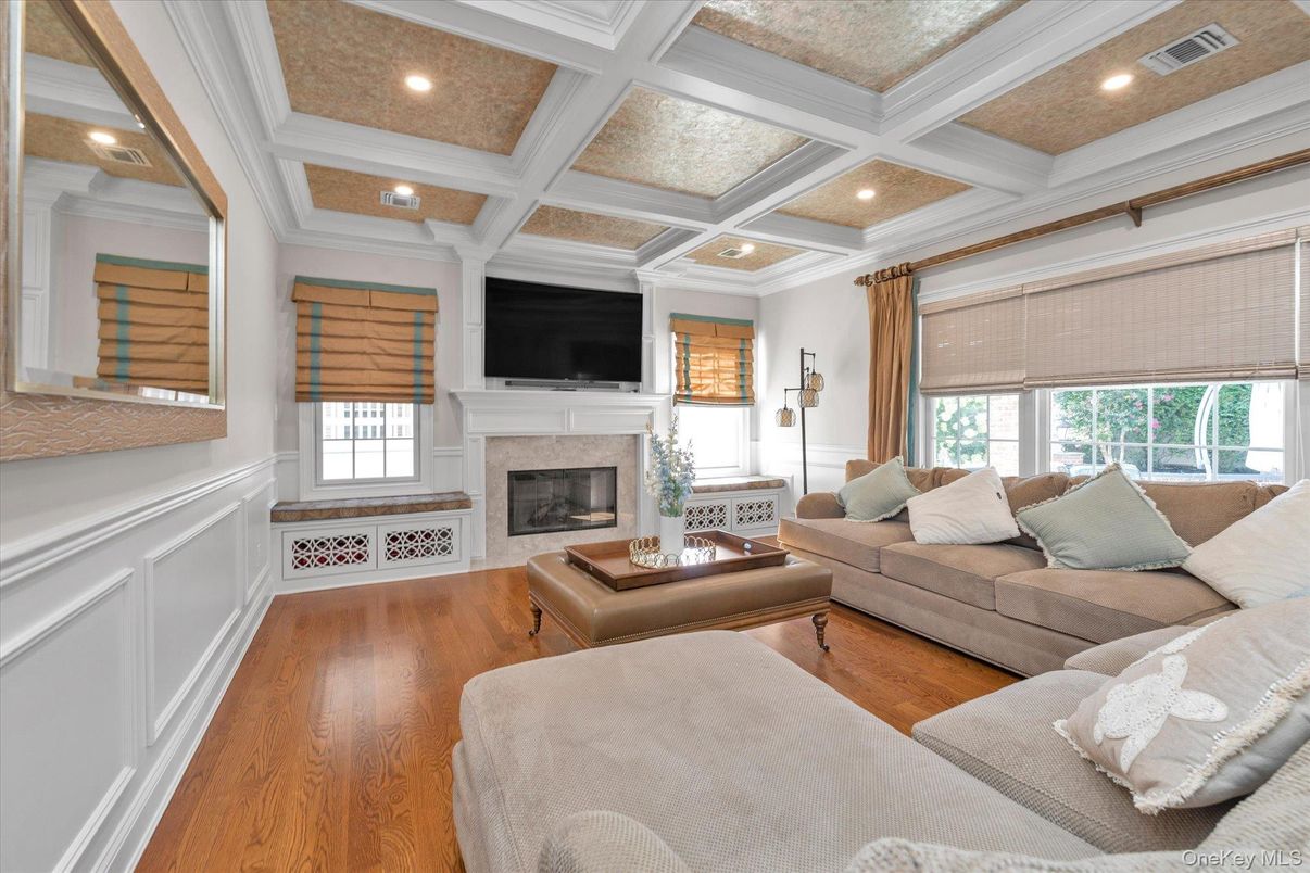 Fireplace, Interior, Living room, Recessed Lighting, Wood Texture Flooring
