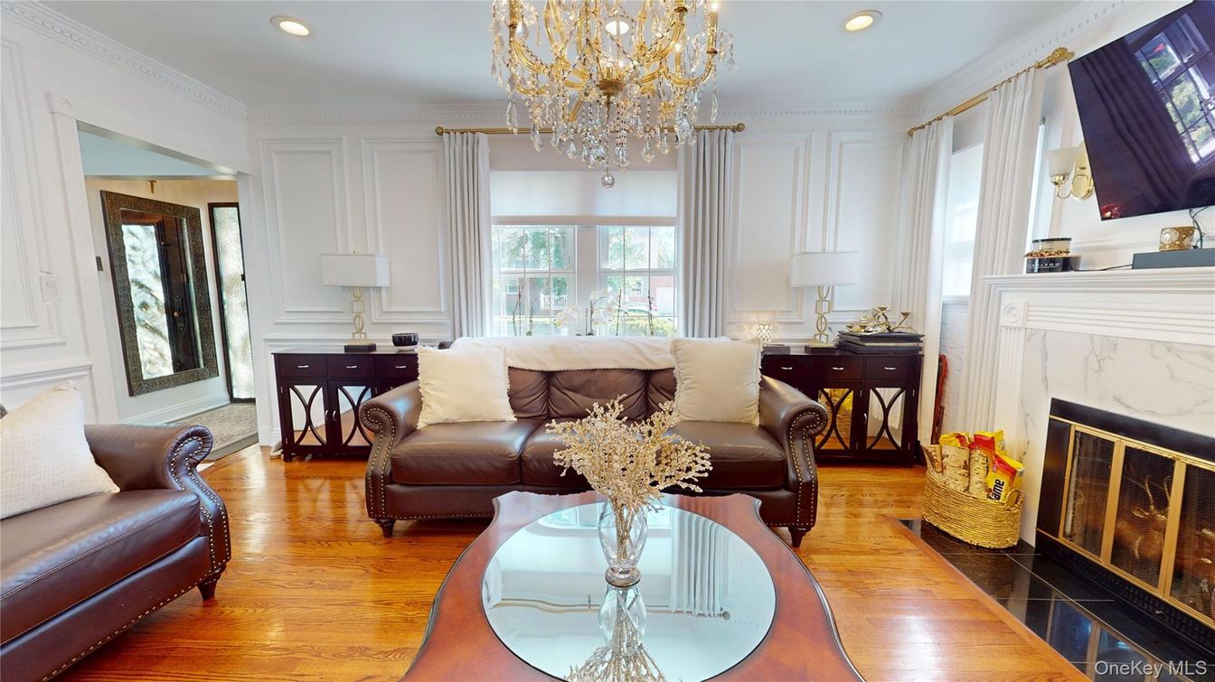 Chandelier, Fireplace, Interior, Living room, Recessed Lighting, Wood Texture Flooring