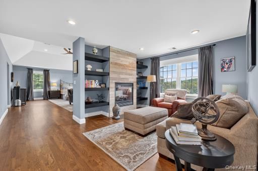 Fireplace, Interior, Living room, Recessed Lighting, Wood Texture Flooring, Wooden Walls
