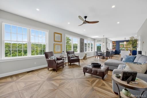 Dining room, Interior, Living room, Pendant Lights, Recessed Lighting, Wood Texture Flooring