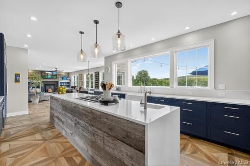 Fireplace, Interior, Kitchen, Pendant Lights, Recessed Lighting, Wood Texture Flooring