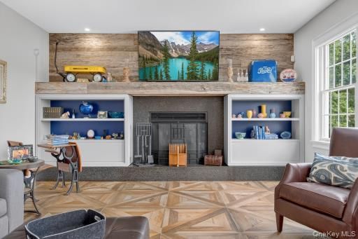 Fireplace, Interior, Recessed Lighting, Stone Walls, Wood Texture Flooring, Wooden Walls