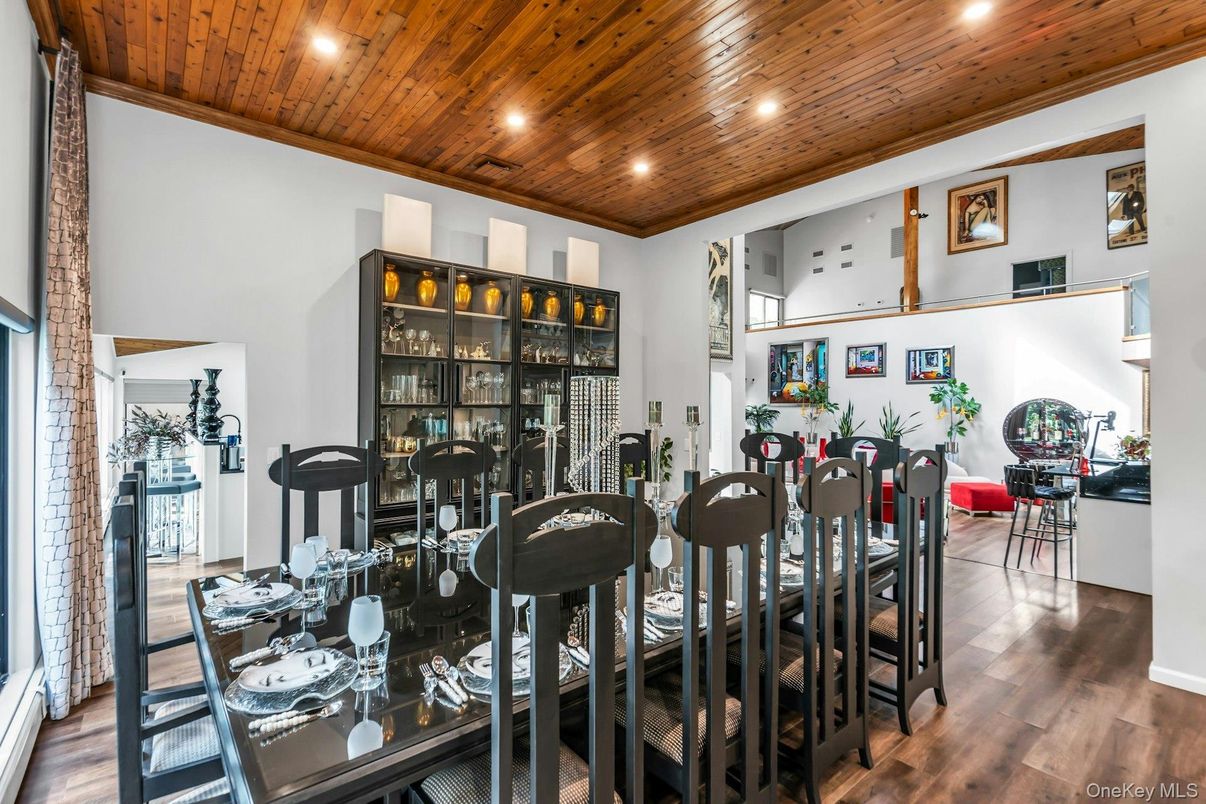 Dining room, Interior, Recessed Lighting, Wooden Ceilings, Wood Texture Flooring
