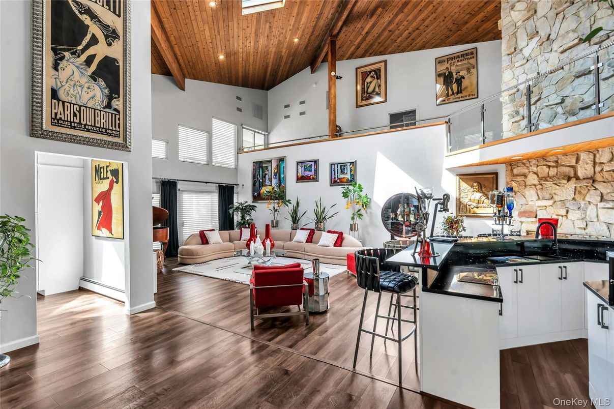 Interior, Kitchen, Living room, Recessed Lighting, Stone Walls, Wooden Beams, Wooden Ceilings, Wood Texture Flooring