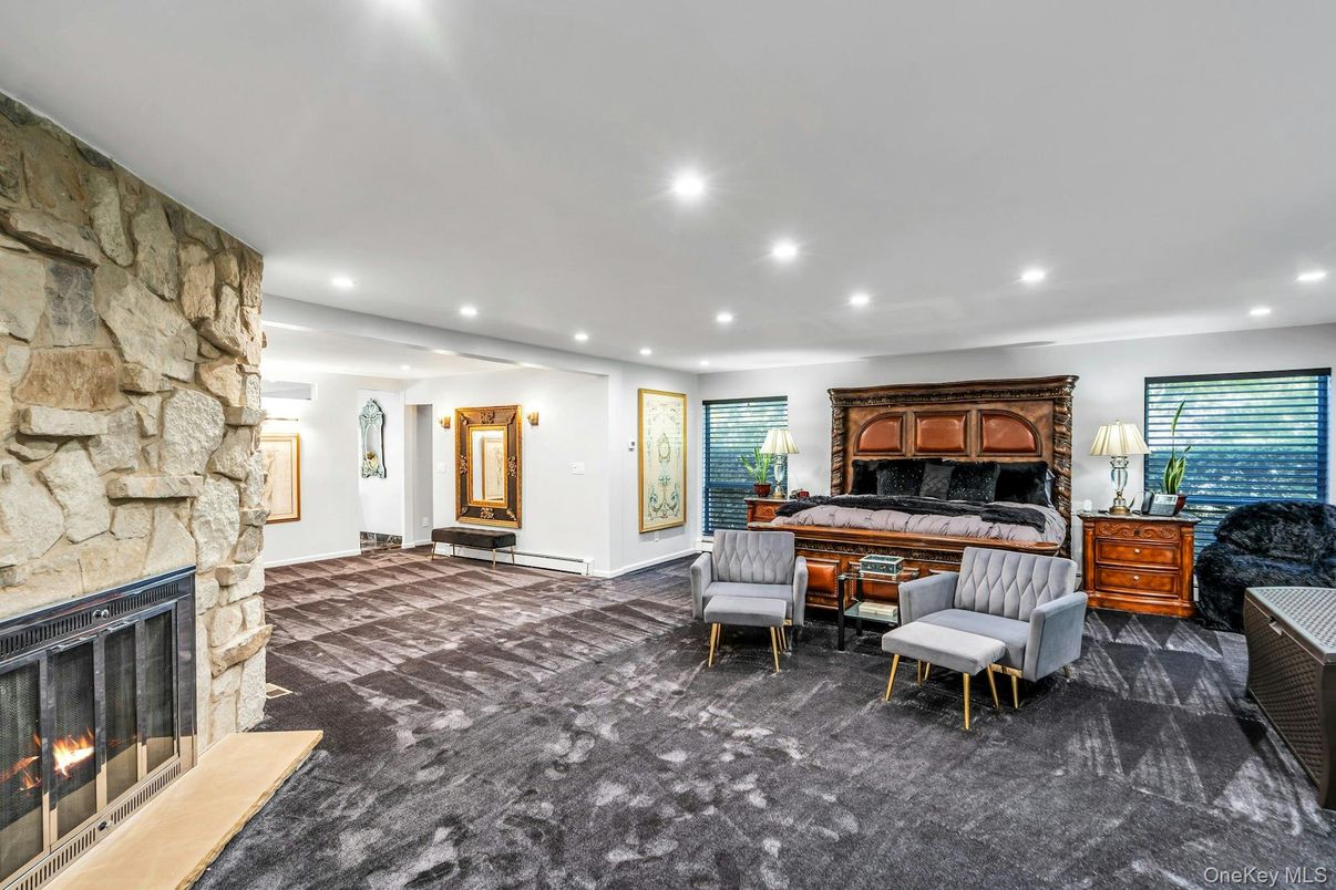 Fireplace, Interior, Living room, Recessed Lighting, Stone Walls