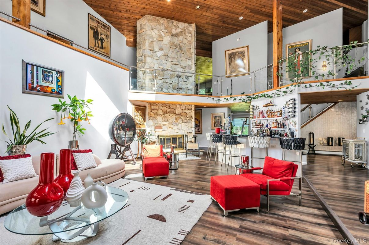 Fireplace, Interior, Living room, Recessed Lighting, Stone Walls, Wooden Beams, Wooden Ceilings, Wood Texture Flooring
