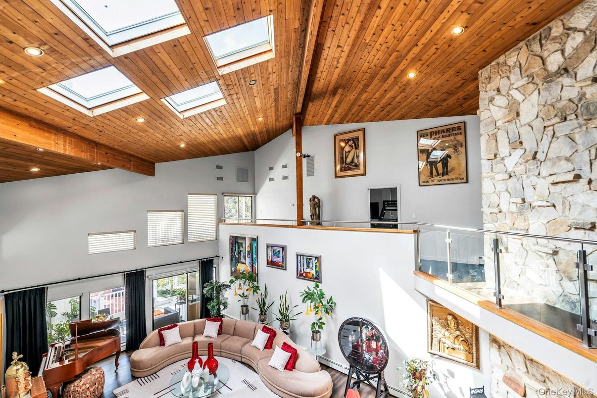 Interior, Living room, Recessed Lighting, Stone Walls, Wooden Beams, Wooden Ceilings