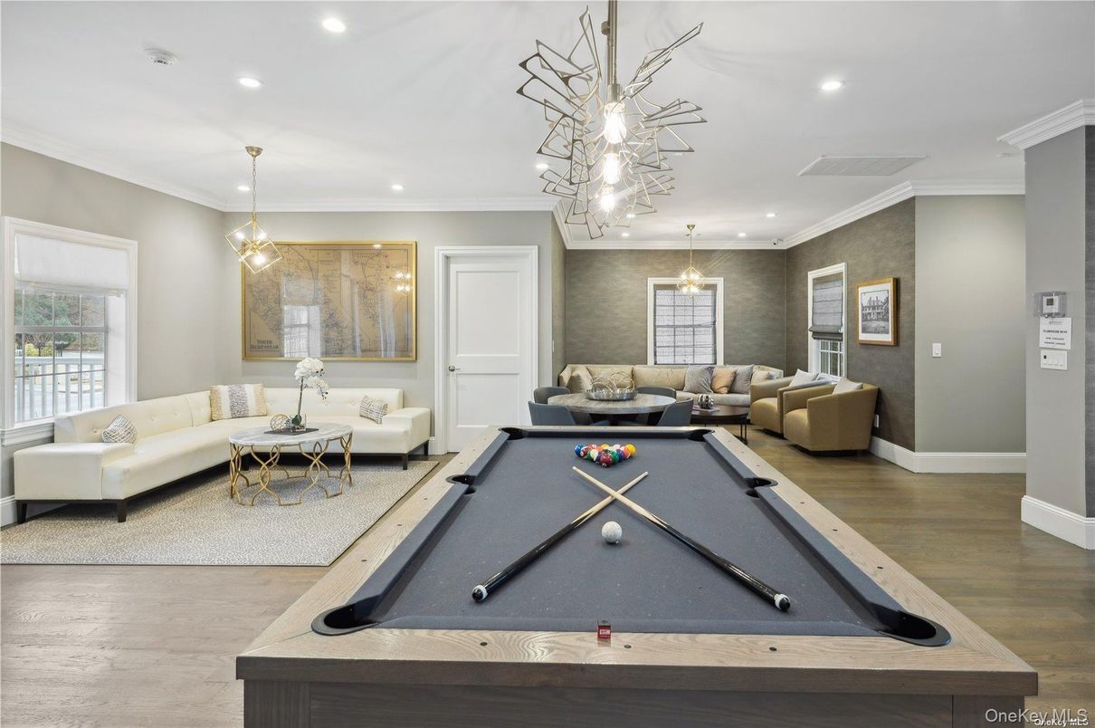 Billiard Table, Game Room, Interior, Living room, Pendant Lights, Recessed Lighting, Wood Texture Flooring