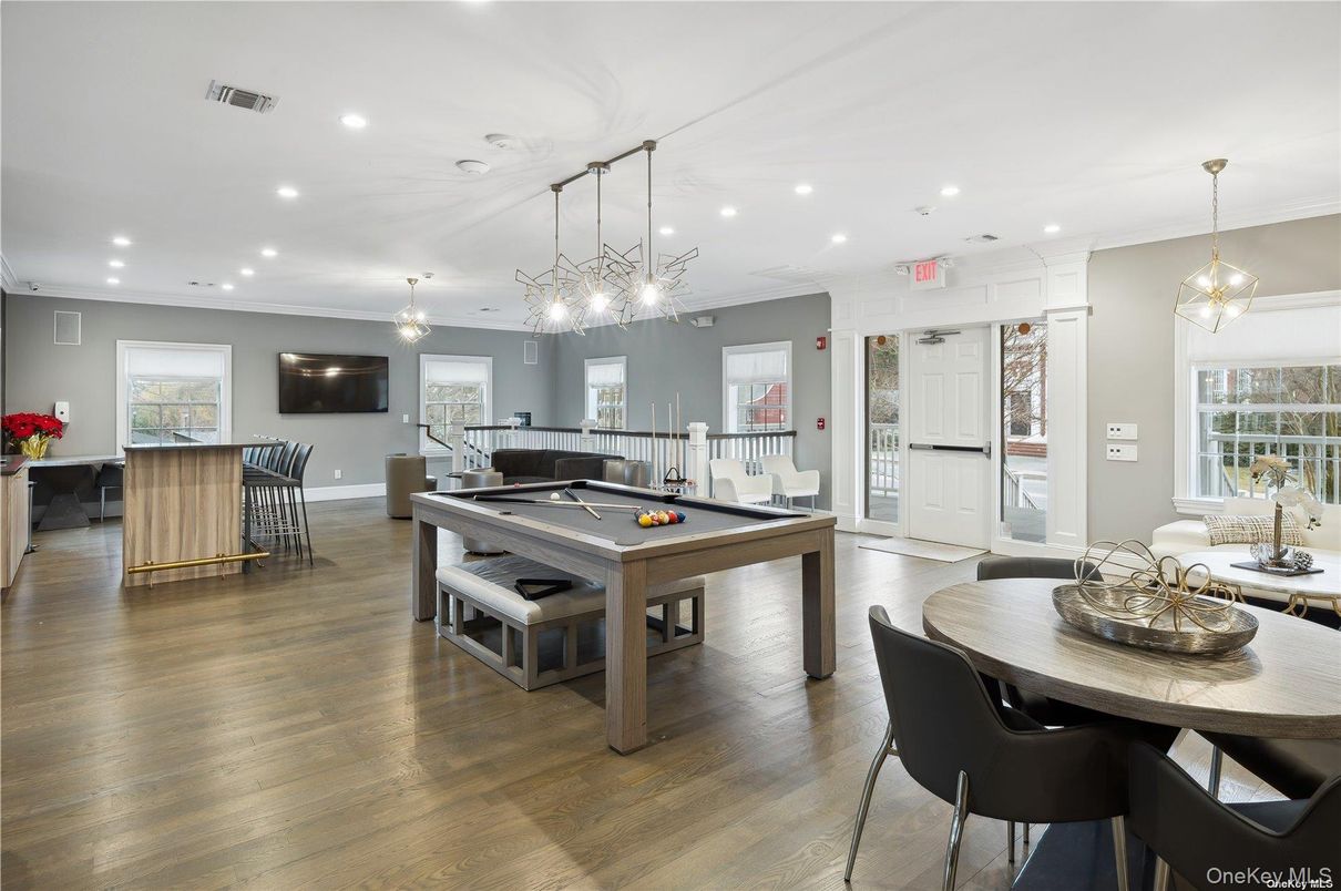 Billiard Table, Dining room, Game Room, Interior, Pendant Lights, Recessed Lighting, Wood Texture Flooring