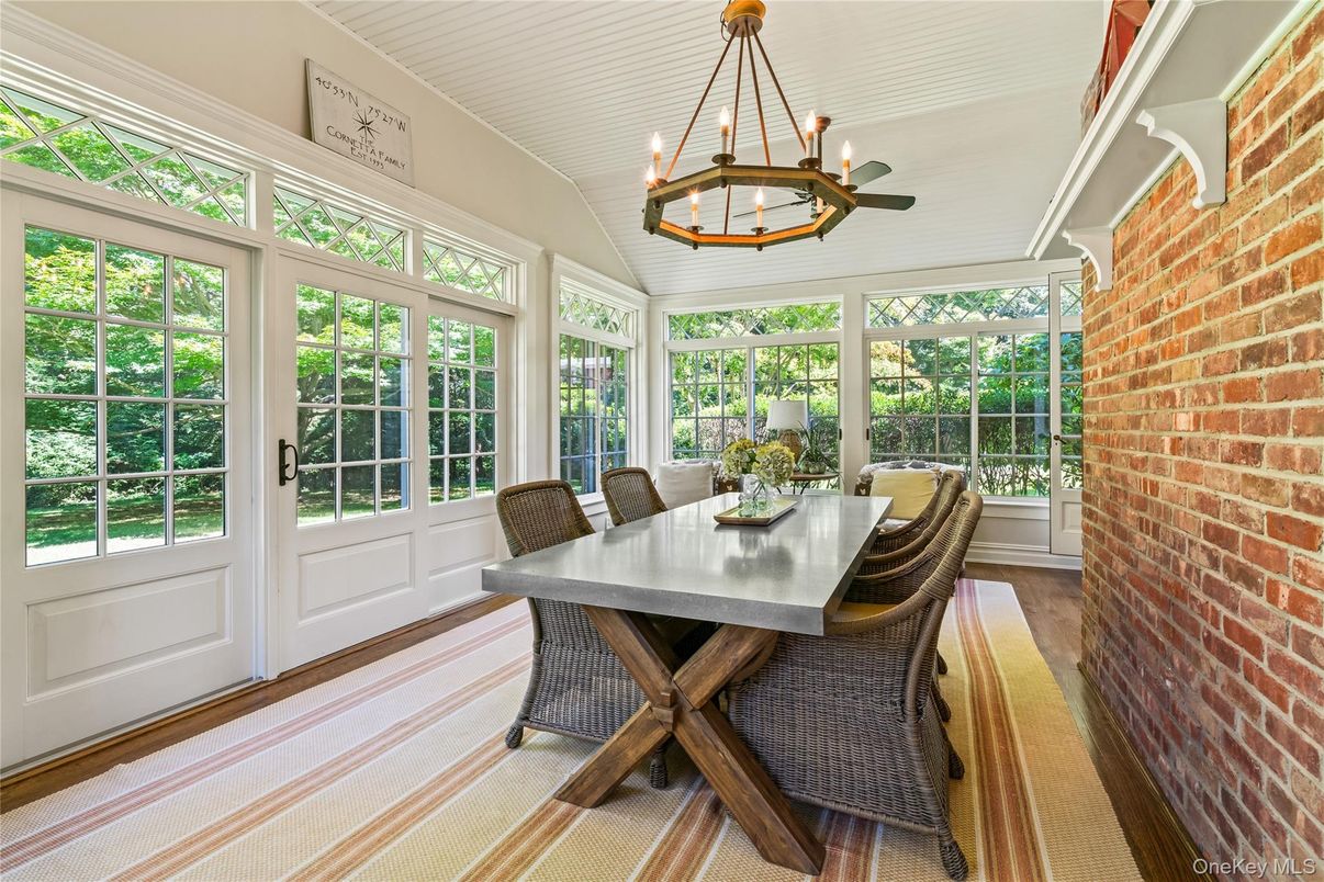 Chandelier, Dining room, Interior, Stone Walls, Sun Room, Wood Texture Flooring