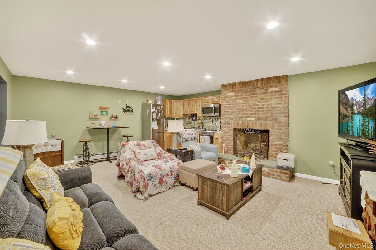 Fireplace, Interior, Kitchen, Living room, Recessed Lighting, Stone Walls