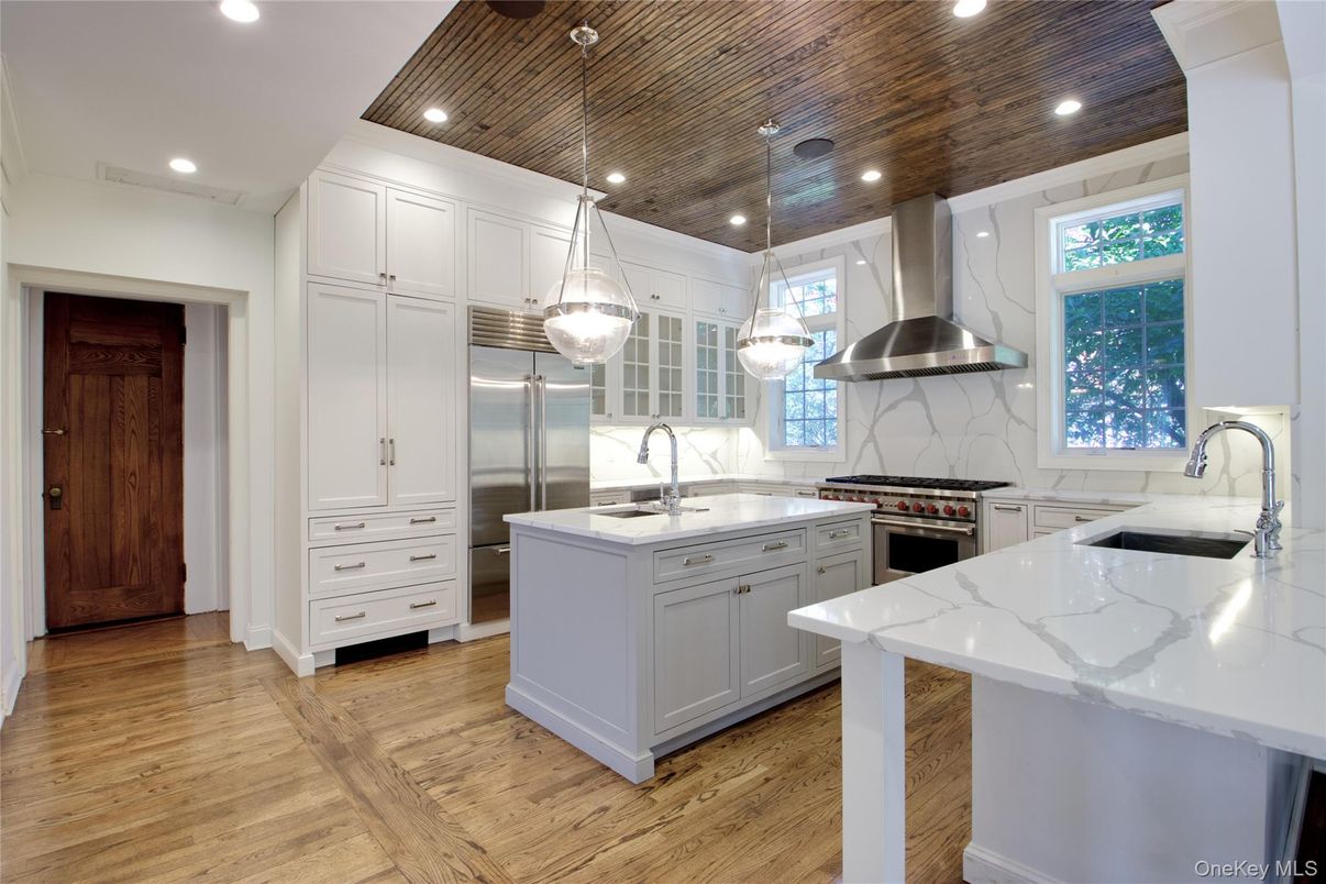 Interior, Kitchen, Pendant Lights, Recessed Lighting, Stainless Steel Appliances, Wooden Ceilings, Wood Texture Flooring