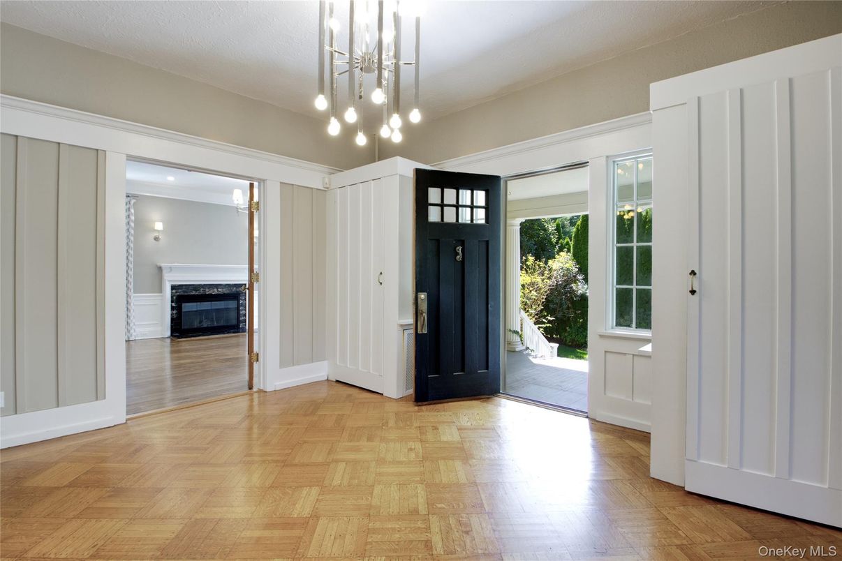 Empty room, Fireplace, Interior, Pendant Lights, Wood Texture Flooring