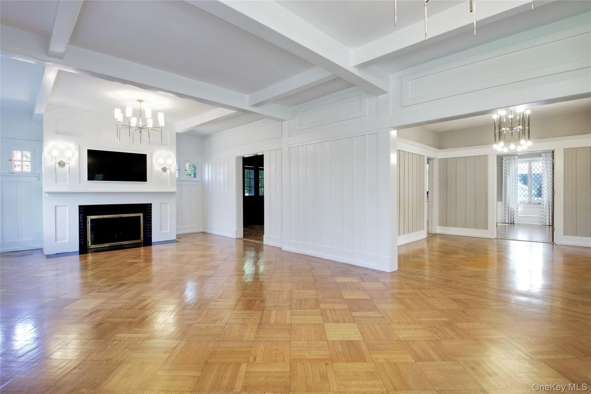 Chandelier, Empty room, Fireplace, Interior, Wood Texture Flooring