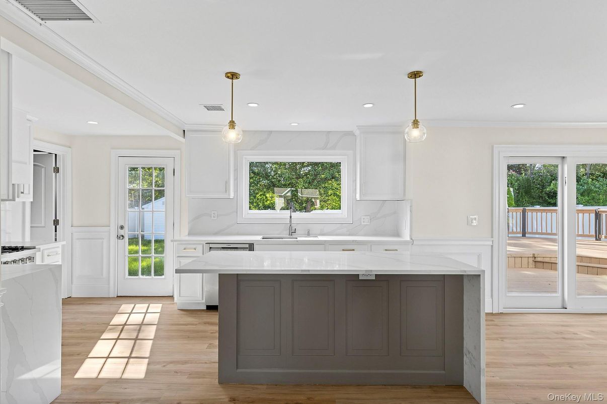 Interior, Kitchen, Marble Walls, Pendant Lights, Recessed Lighting, Wood Texture Flooring
