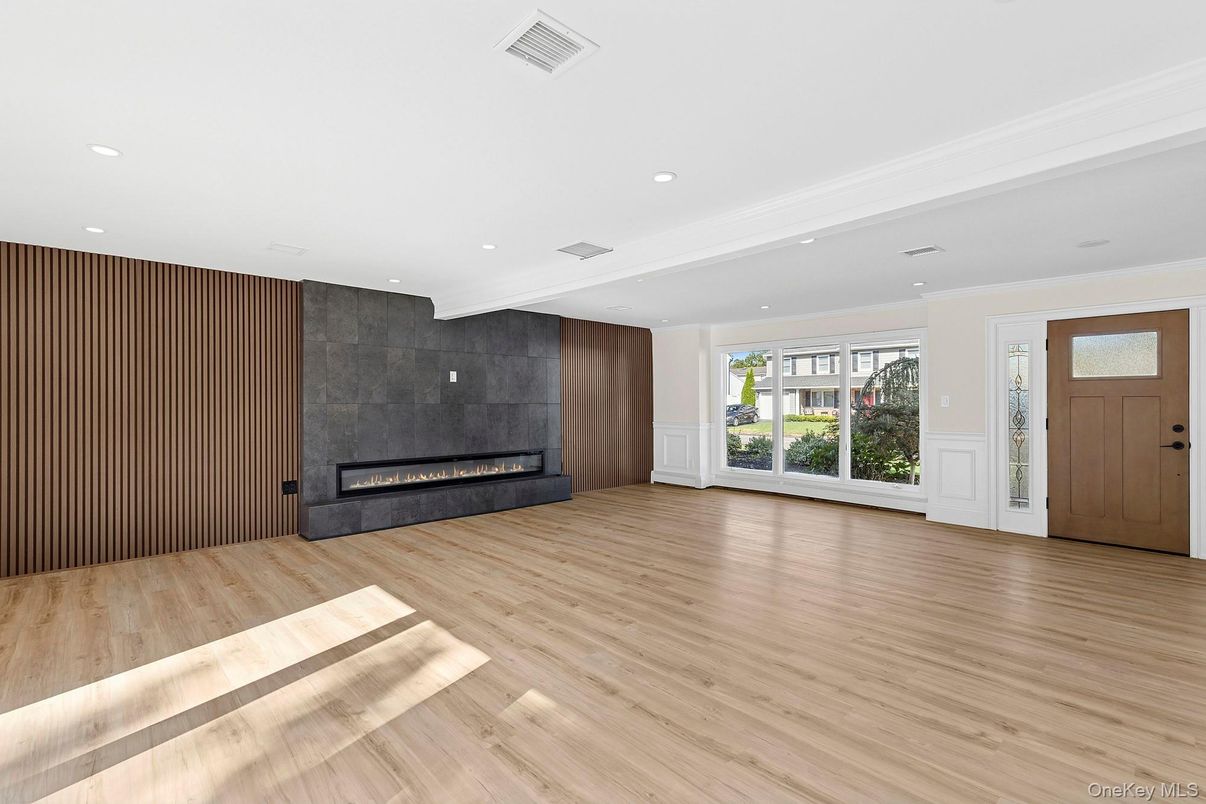 Empty room, Fireplace, Interior, Recessed Lighting, Wood Texture Flooring