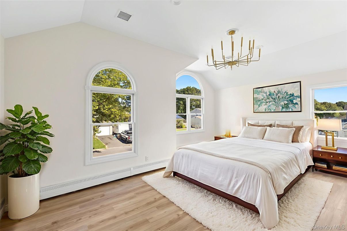 Bedroom, Interior, Pendant Lights, Wood Texture Flooring
