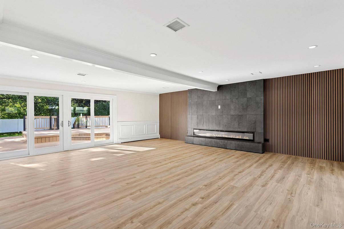 Empty room, Fireplace, Interior, Recessed Lighting, Wood Texture Flooring