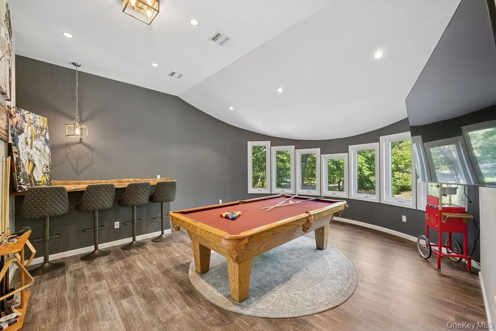 Billiard Table, Game Room, Interior, Pendant Lights, Recessed Lighting, Wood Texture Flooring