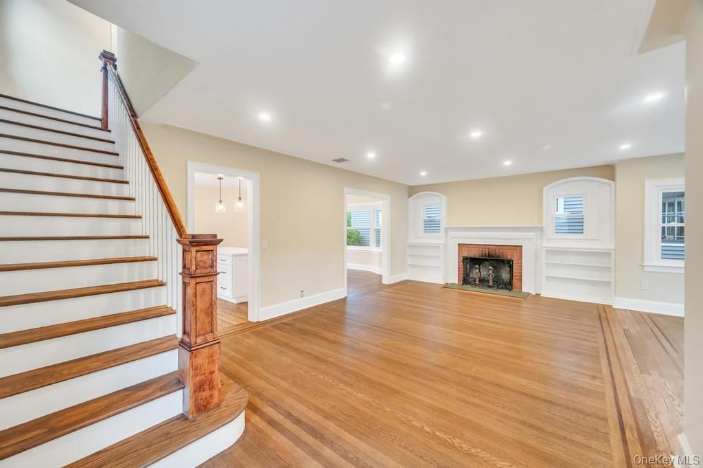 Empty room, Fireplace, Interior, Recessed Lighting, Wood Texture Flooring