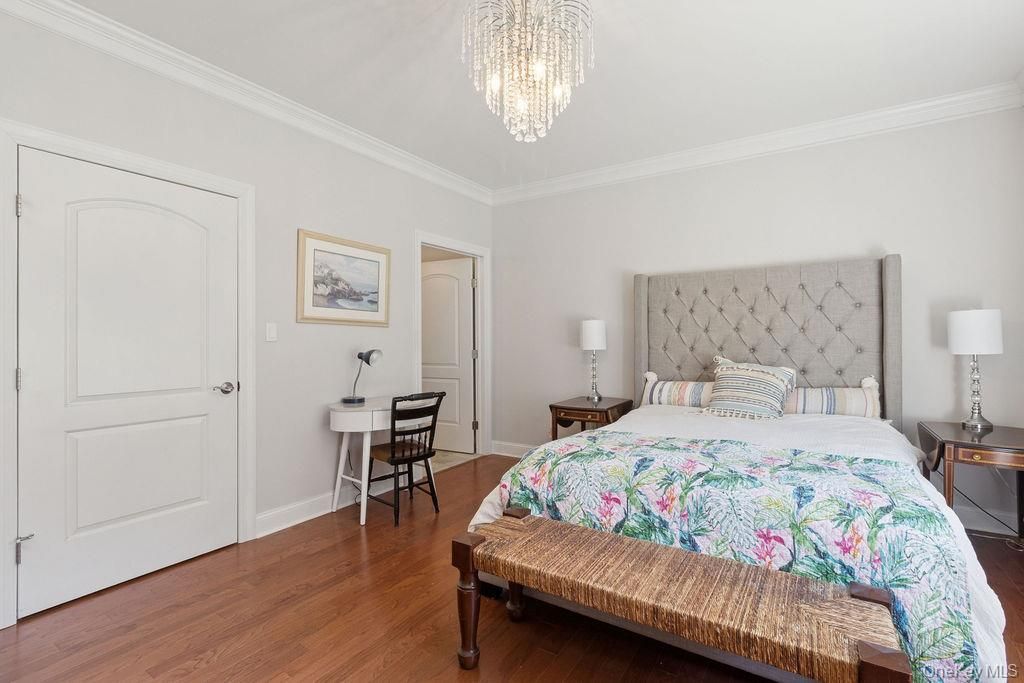 Bedroom, Chandelier, Interior, Wood Texture Flooring
