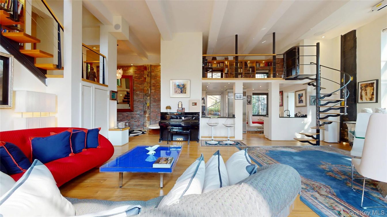 Interior, Living room, Piano, Recessed Lighting, Stone Walls, Wood Texture Flooring