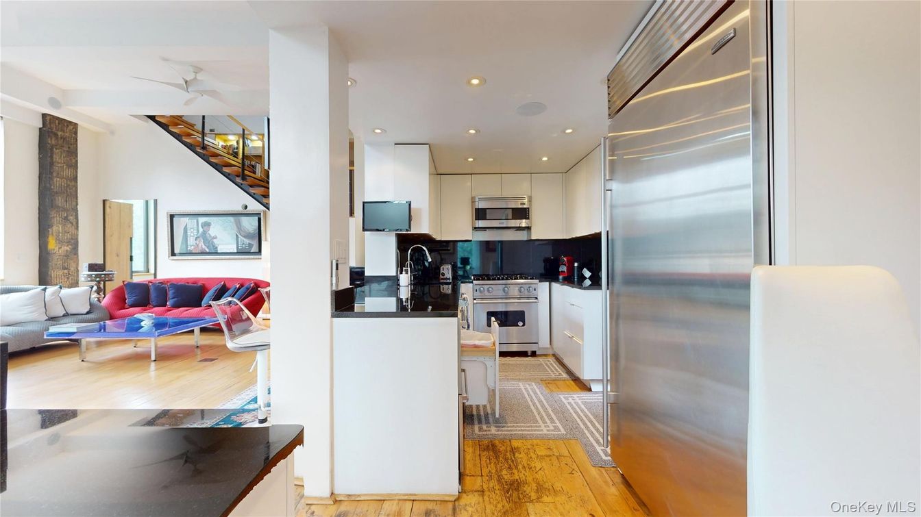 Interior, Kitchen, Living room, Recessed Lighting, Stainless Steel Appliances, Wood Texture Flooring