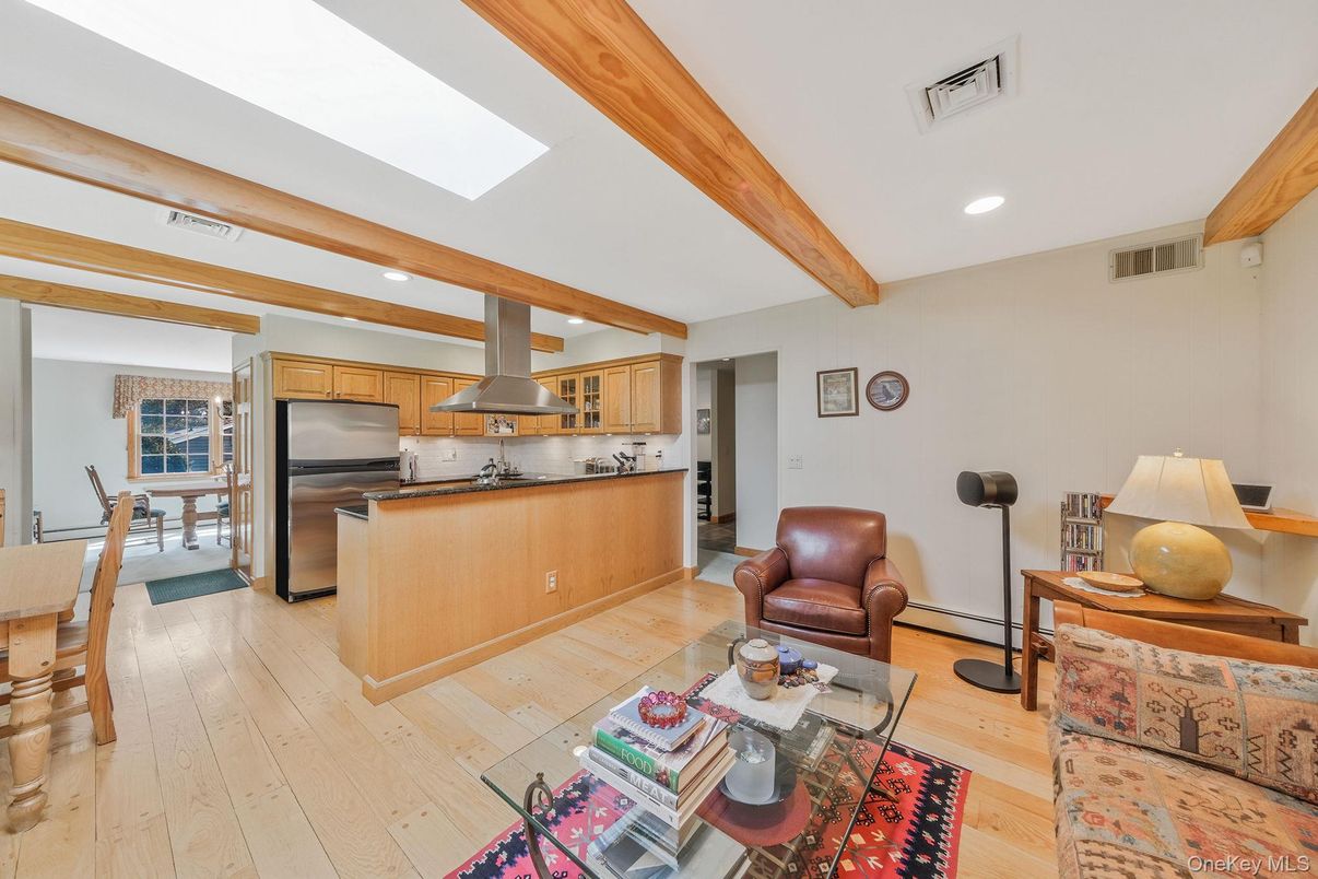 Interior, Kitchen, Living room, Recessed Lighting, Stainless Steel Appliances, Wooden Beams, Wood Texture Flooring