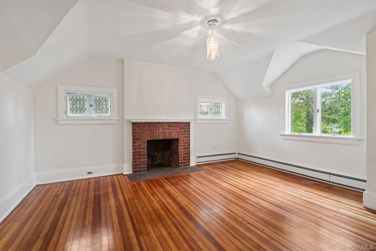 Empty room, Fireplace, Interior, Pendant Lights, Wood Texture Flooring