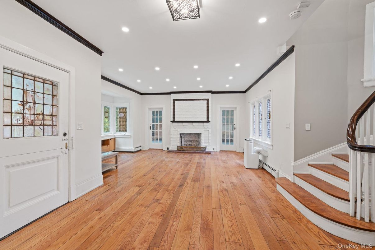 Empty room, Fireplace, Interior, Recessed Lighting, Wood Texture Flooring