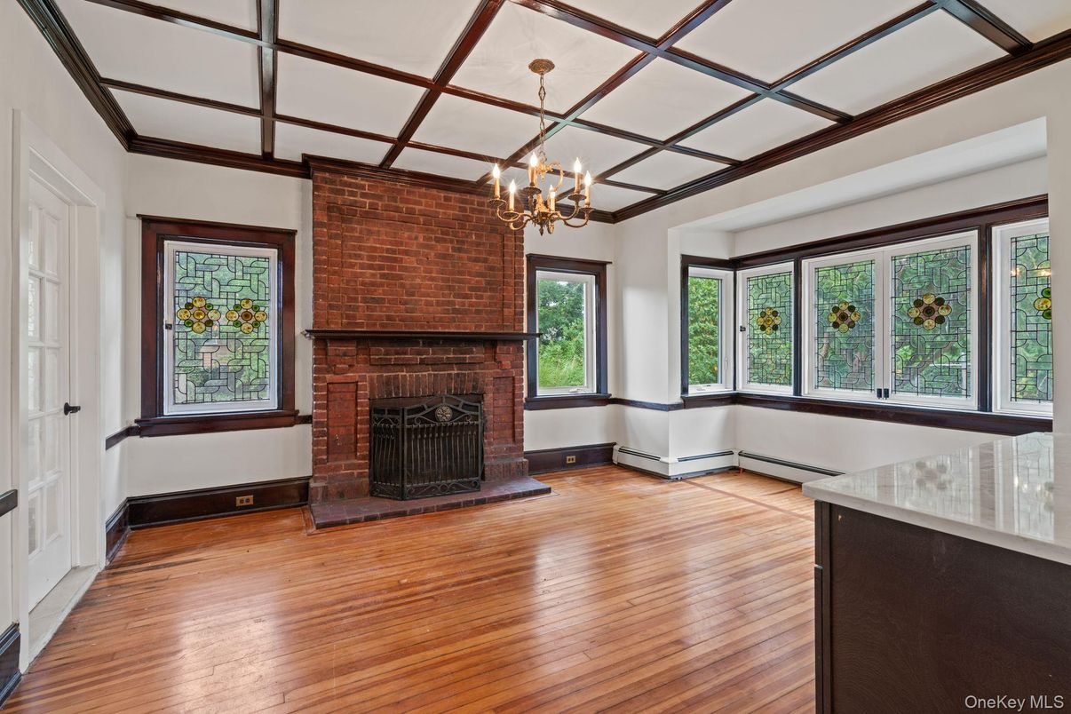 Chandelier, Empty room, Fireplace, Interior, Stone Walls, Wood Texture Flooring