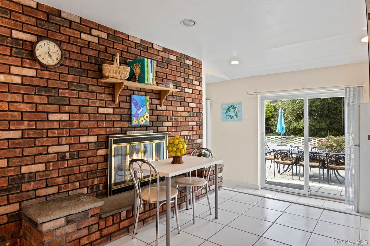 Dining room, Fireplace, Interior, Recessed Lighting, Stone Walls