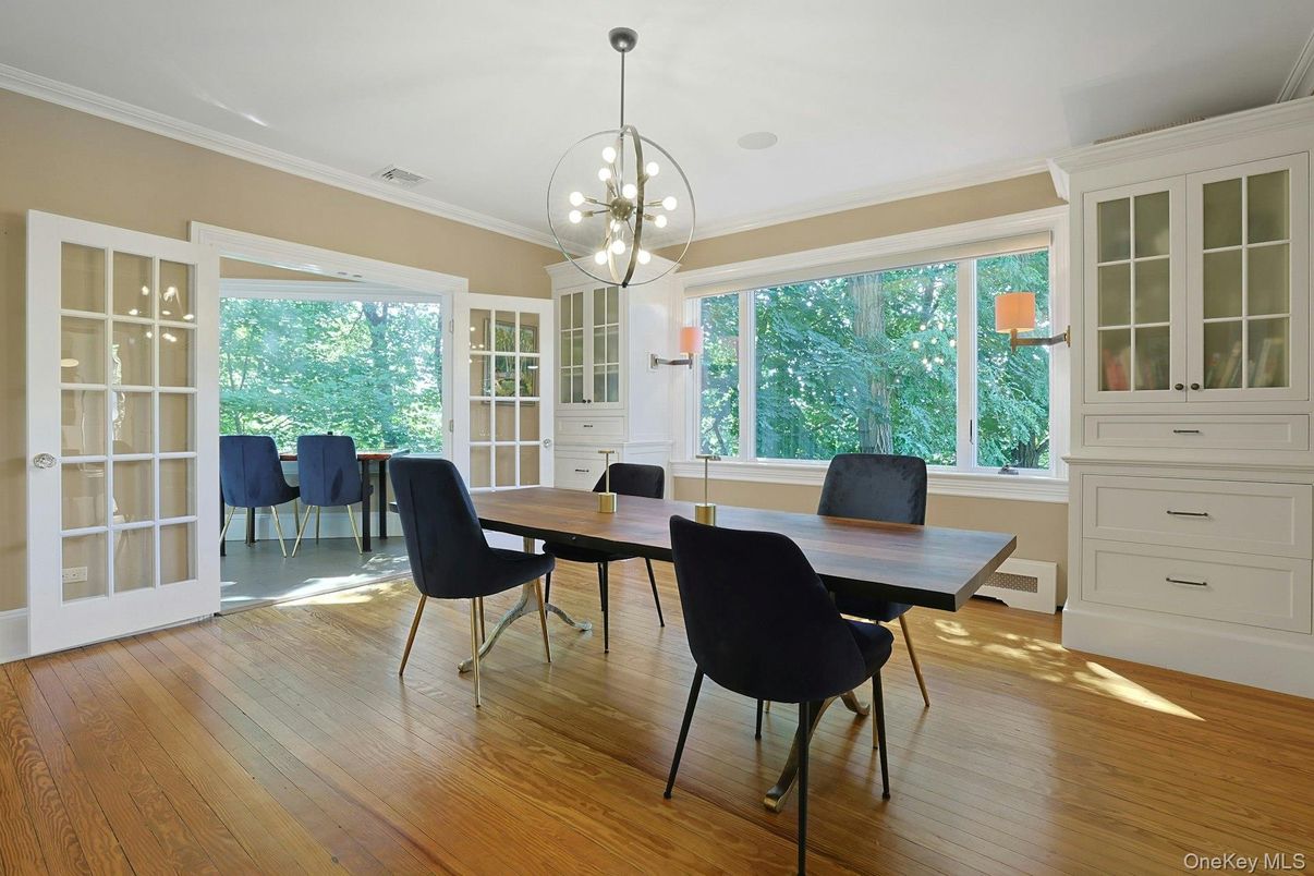 Dining room, Interior, Pendant Lights, Wood Texture Flooring