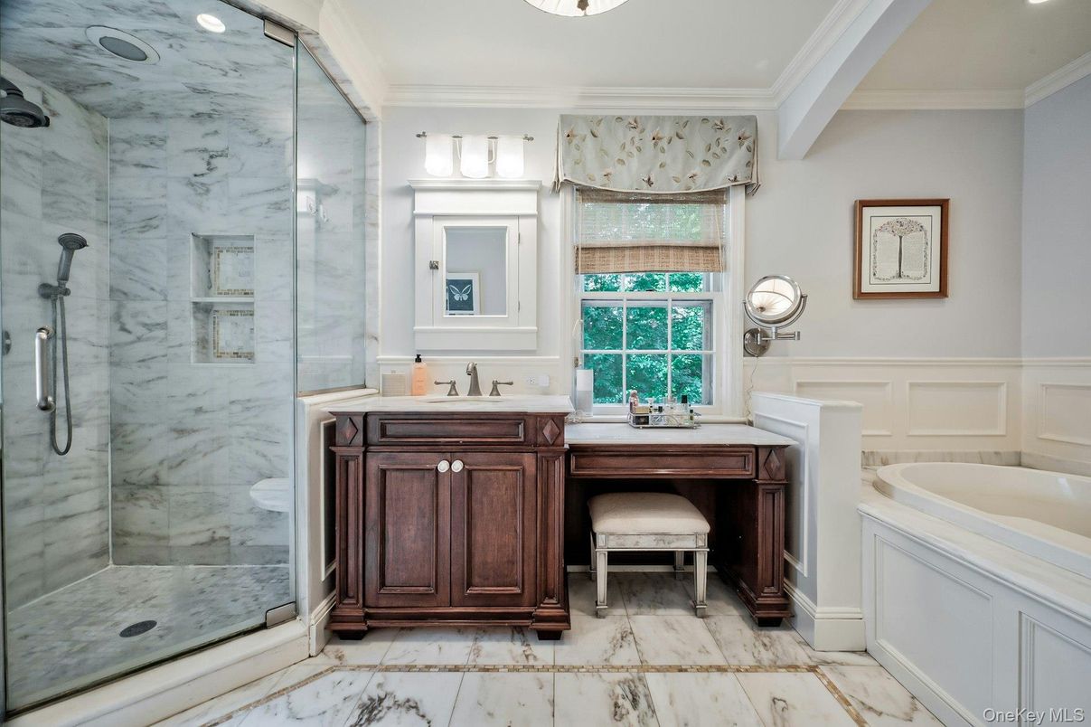 Bathroom, Glass Shower, Interior, Marble Walls, Recessed Lighting
