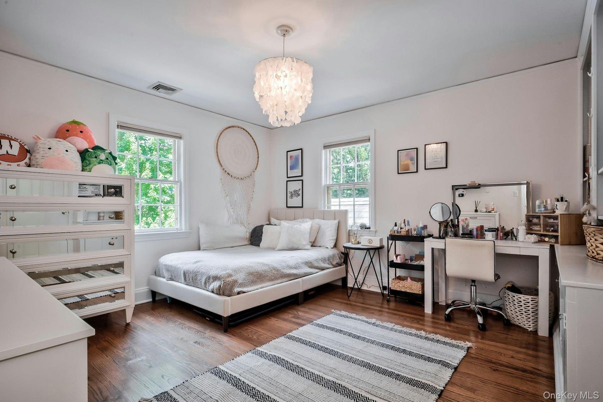Bedroom, Chandelier, Home Office, Interior, Wood Texture Flooring