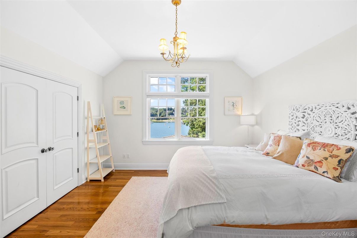 Bedroom, Chandelier, Interior, Water, Wood Texture Flooring