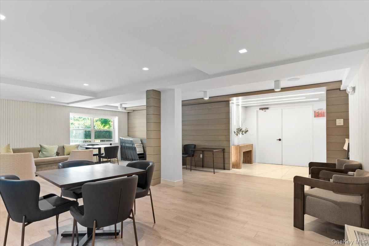 Dining room, Interior, Recessed Lighting, Wood Texture Flooring, Wooden Walls