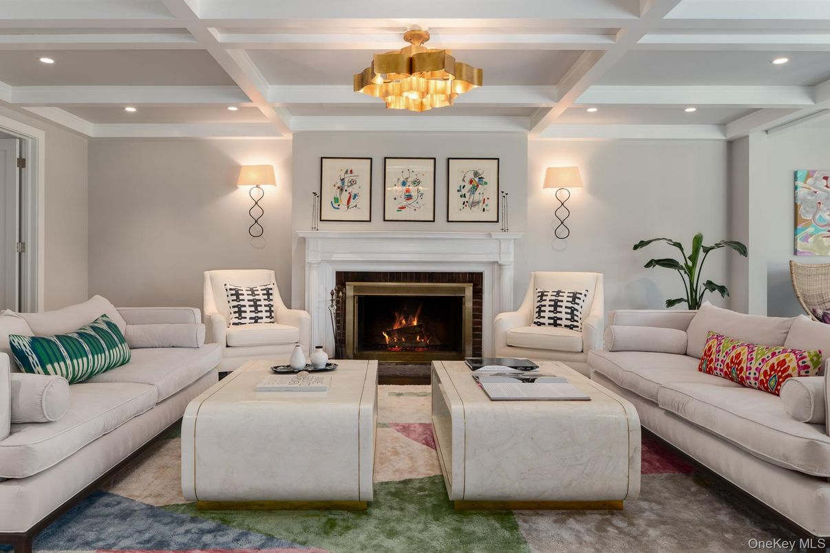 Chandelier, Fireplace, Interior, Living room, Recessed Lighting