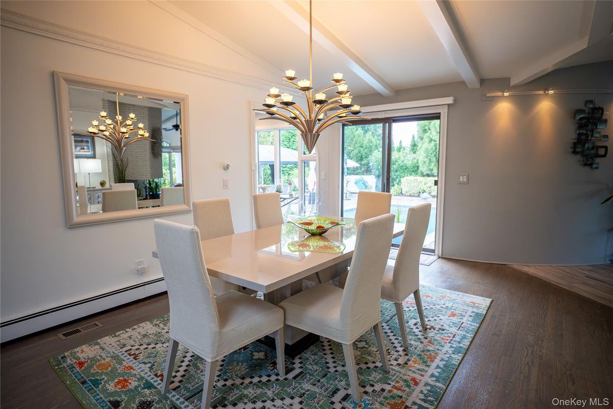 Dining room, Interior, Pendant Lights, Wood Texture Flooring