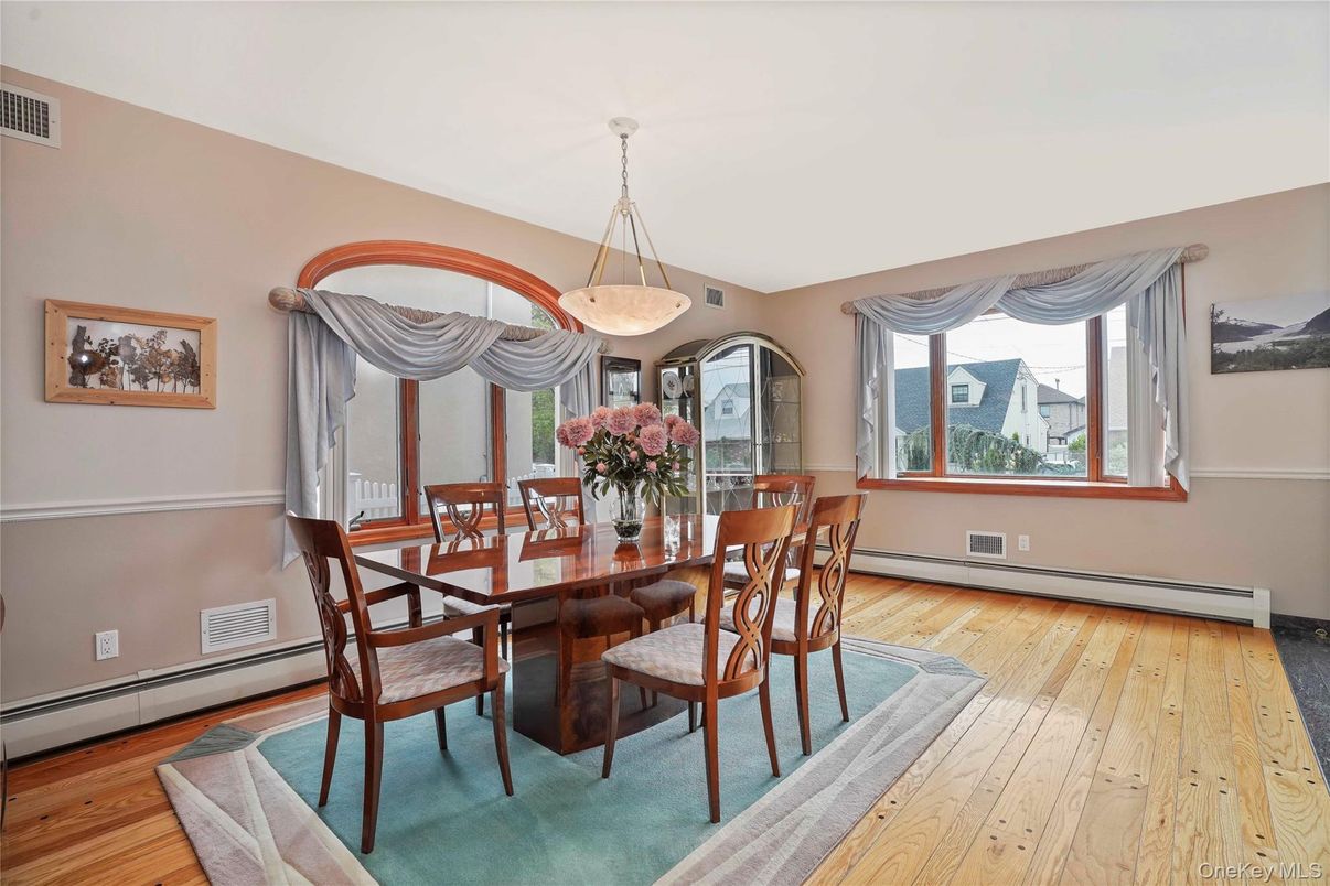 Dining room, Interior, Pendant Lights, Wood Texture Flooring