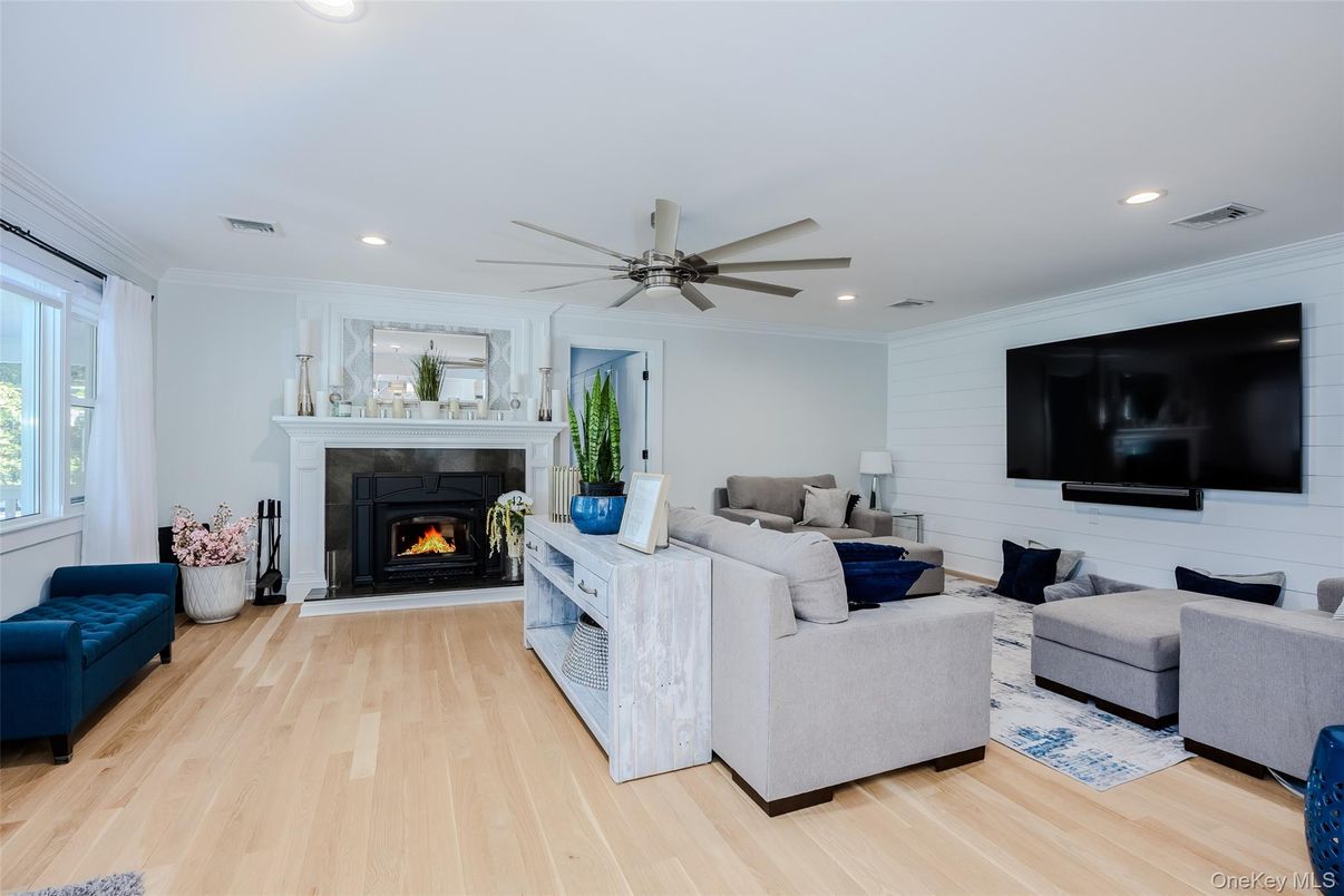 Fireplace, Interior, Living room, Recessed Lighting, Wood Texture Flooring