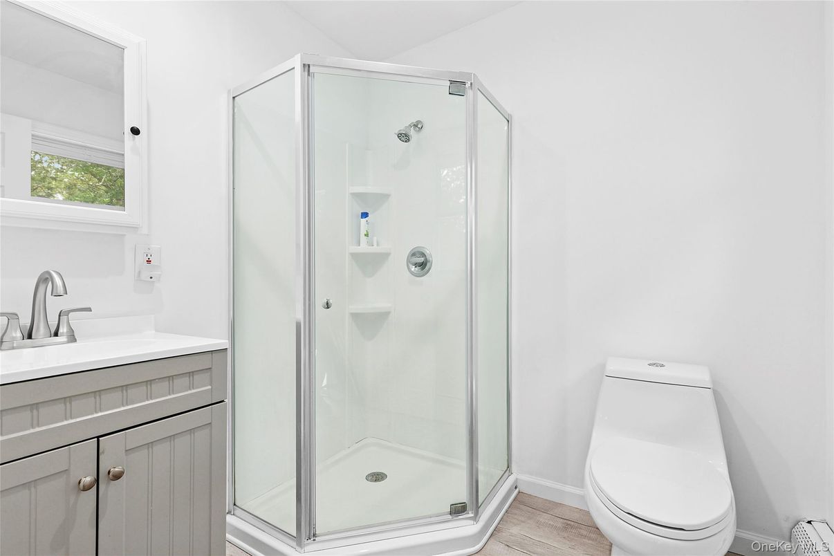 Bathroom, Glass Shower, Interior, Wood Texture Flooring