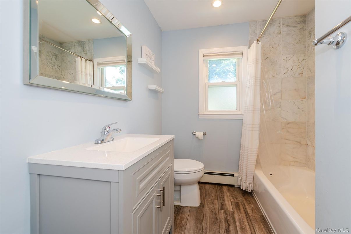 Bathroom, Interior, Marble Walls, Recessed Lighting, Wood Texture Flooring