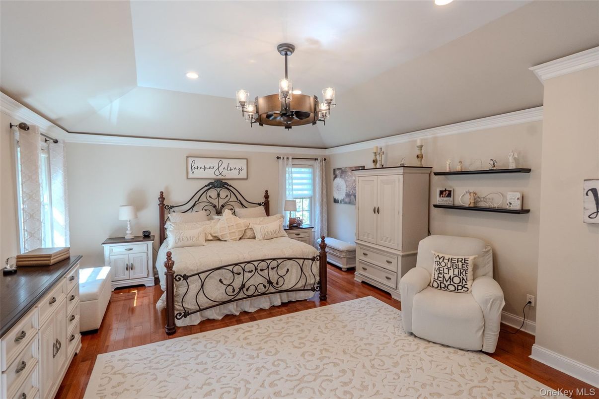 Bedroom, Chandelier, Interior, Recessed Lighting, Wood Texture Flooring
