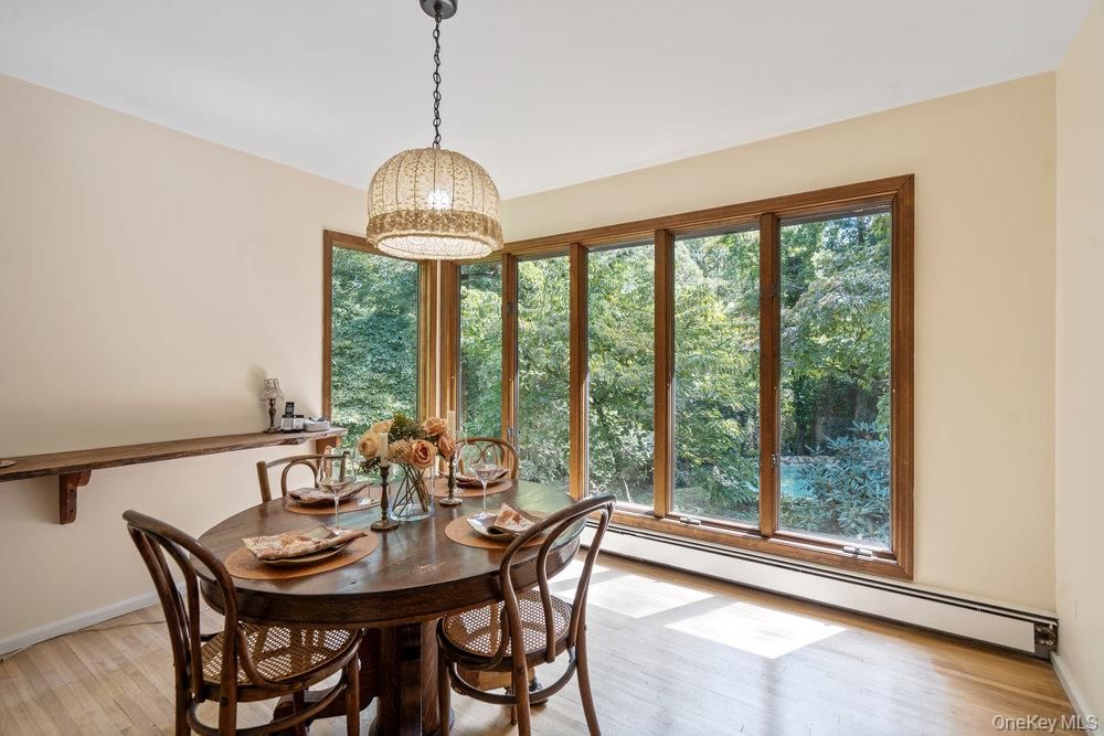 Dining room, Interior, Pendant Lights, Wood Texture Flooring
