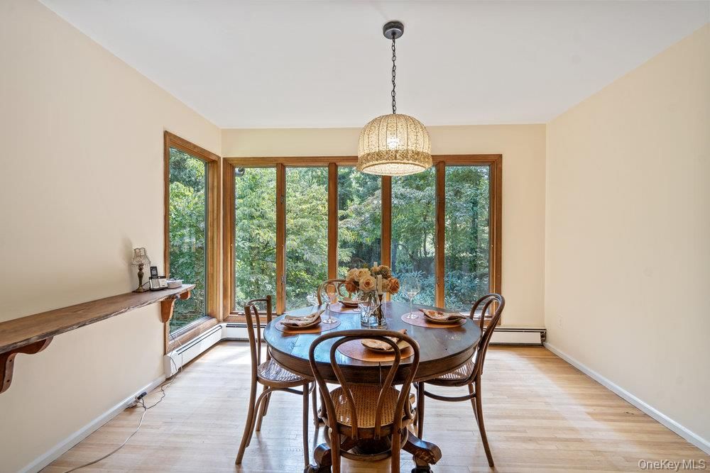 Dining room, Interior, Pendant Lights, Wood Texture Flooring