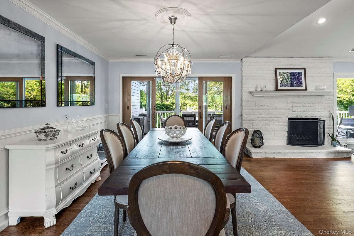 Chandelier, Dining room, Fireplace, Interior, Pendant Lights, Recessed Lighting, Wood Texture Flooring