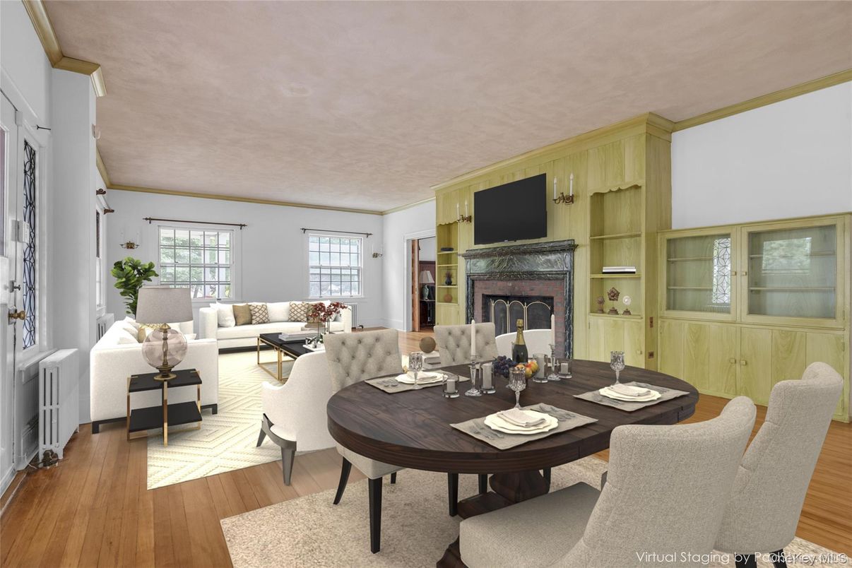 Dining room, Fireplace, Interior, Living room, Wood Texture Flooring