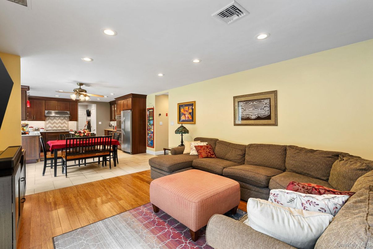 Dining room, Interior, Kitchen, Living room, Recessed Lighting, Wood Texture Flooring